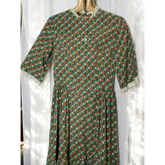Handmade 70s Prairie Green Floral Cottagecore Farm Dress Lace Trim Button - Picture 4 of 16